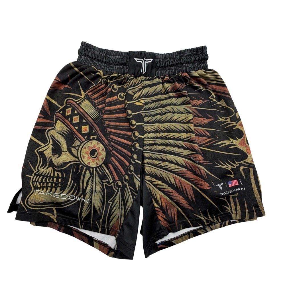 Takedown Active Shorts Mens Medium Black Headdress Skull Graphic Wrestling MMA